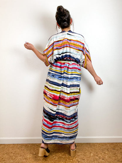 High Low Kimono Painterly Stripes Rayon Challis