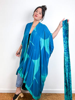 Hand-Dyed High Low Kimono Teal Blue Brushstroke