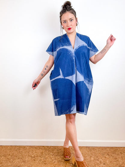 Chambray Smock Dress Hand-Dyed Indigo Brushstrokes