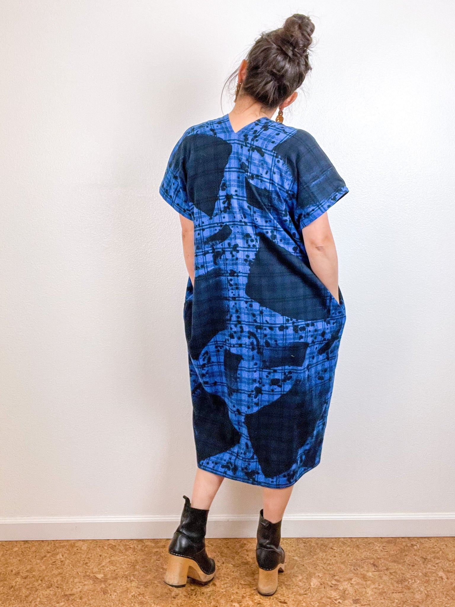 Disrupted Plaid Flannel Smock Dress Blue Brushstrokes