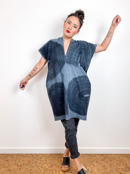 Hand-Dyed Flannel Smock Dress Blue Herringbone Brushstrokes