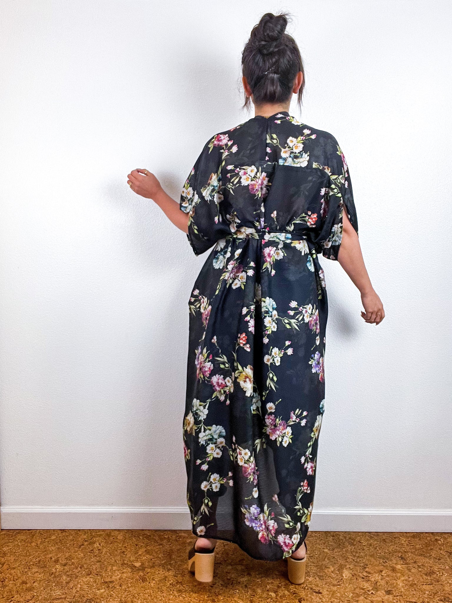 Print High Low Kimono Black Floral Stripe Chiffon