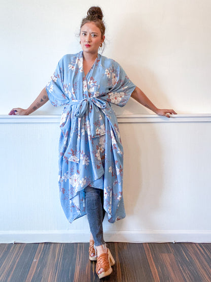 Print High Low Kimono Baby Blue Floral Rayon Challis