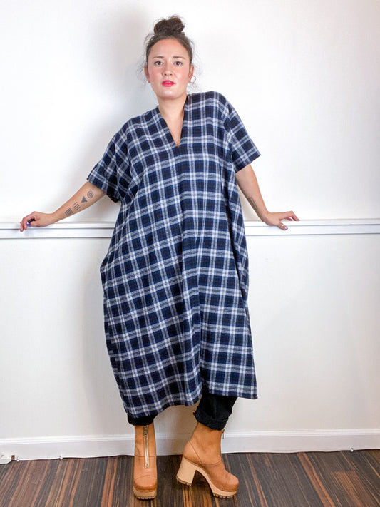 Plaid Smock Dress Classic Navy Midi