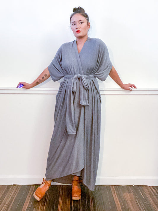 Solid High Low Kimono Heather Grey Knit