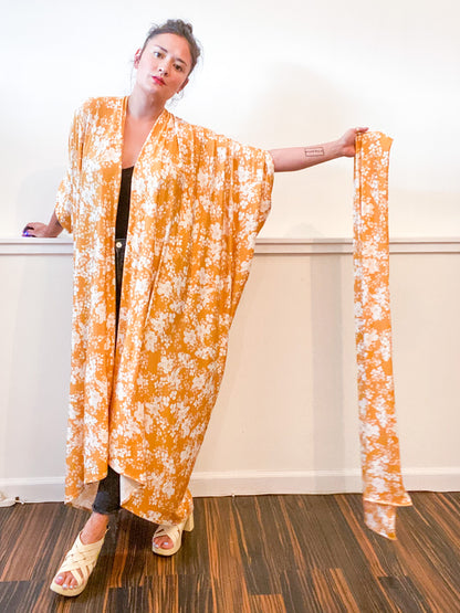 Print High Low Kimono Marigold Floral Knit