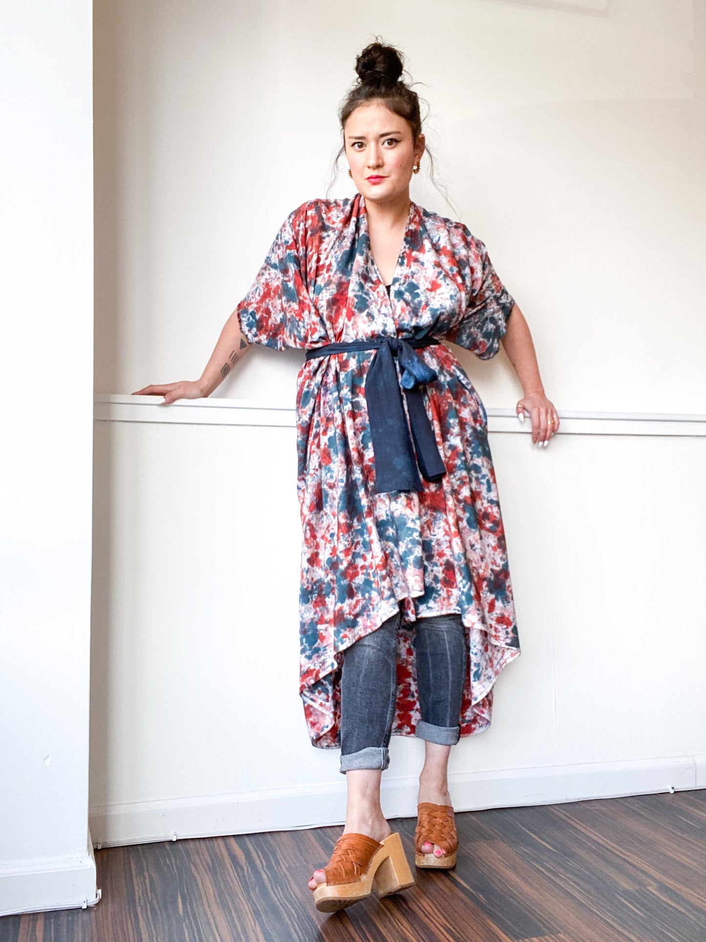 Hand-Dyed High Low Kimono Speckle Teal Terracotta Pink