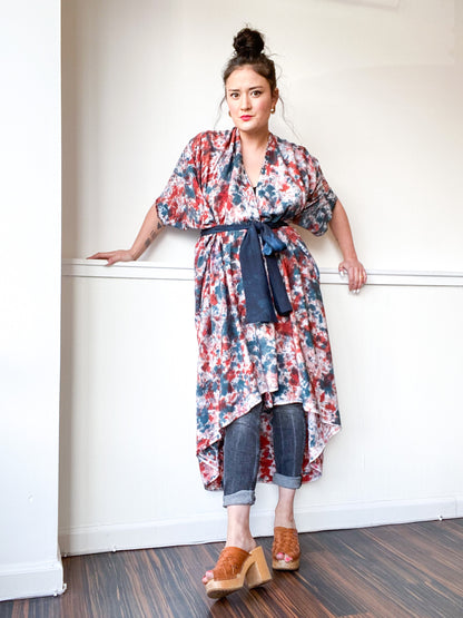 Hand-Dyed High Low Kimono Speckle Teal Terracotta Pink