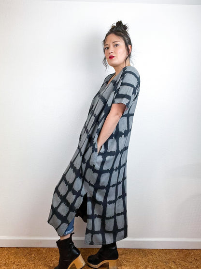 Hand-Dyed Midi Smock Dress Grey Black Windowpane
