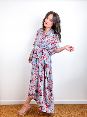 Print High Low Kimono Periwinkle Red Floral Bubble Crepe