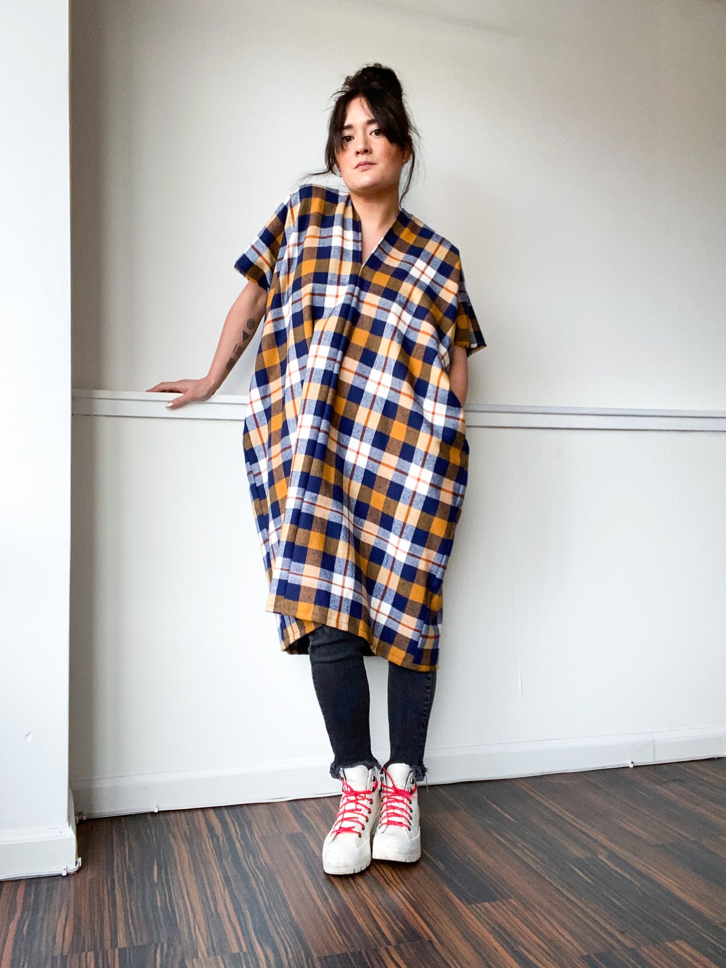 Plaid Midi Smock Dress Mustard Navy