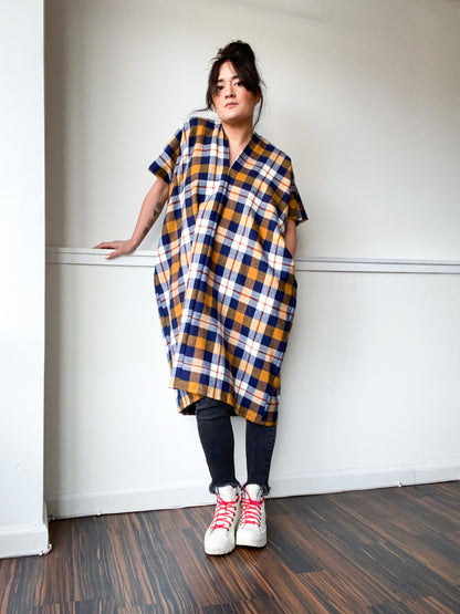 Plaid Midi Smock Dress Mustard Navy