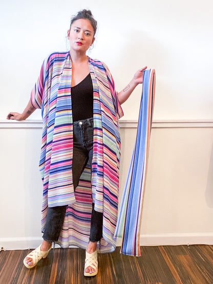Print High Low Kimono Pastel Stripe Bubble Crepe