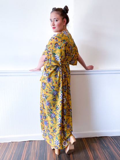 Print High Low Kimono Marigold Floral Bubble Crepe