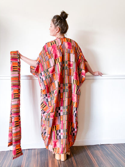 Print High Low Kimono Orange Mod