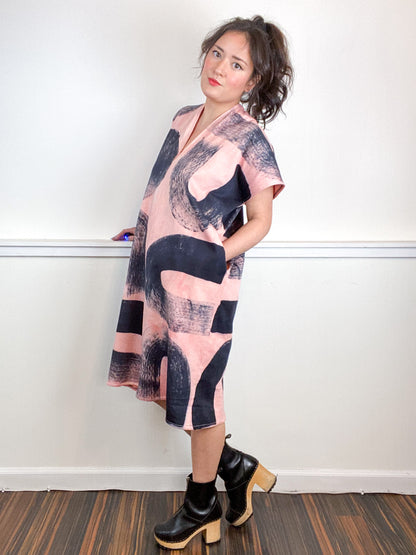 Hand-Dyed Sweatshirt Smock Dress Blush Black Brushstrokes