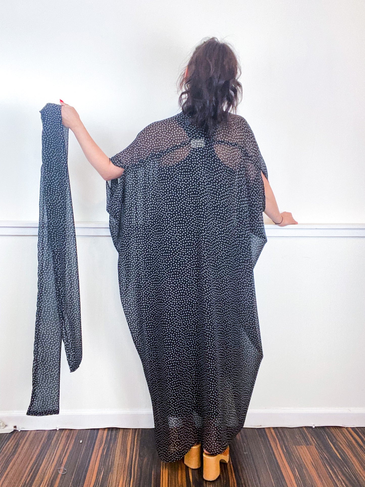 Print High Low Kimono Black Mini Daisy Chiffon