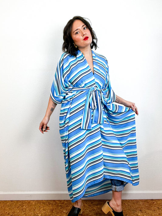 Print High Low Kimono Aqua Stripe Georgette