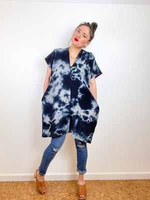 Double Gauze Smock Dress Black Grey Tie Dye