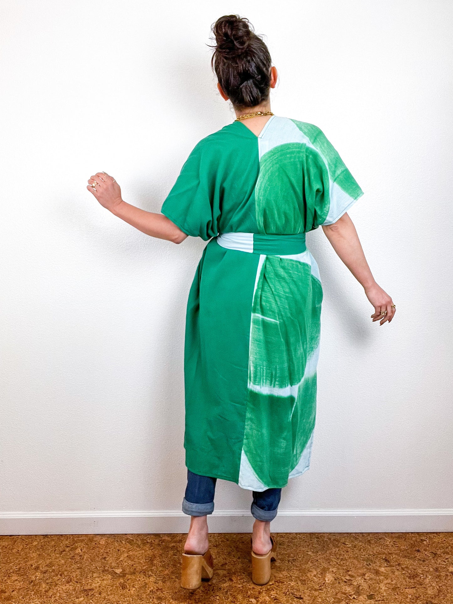 Single Gauze Midi Caftan Dress Green Aqua Brushstrokes