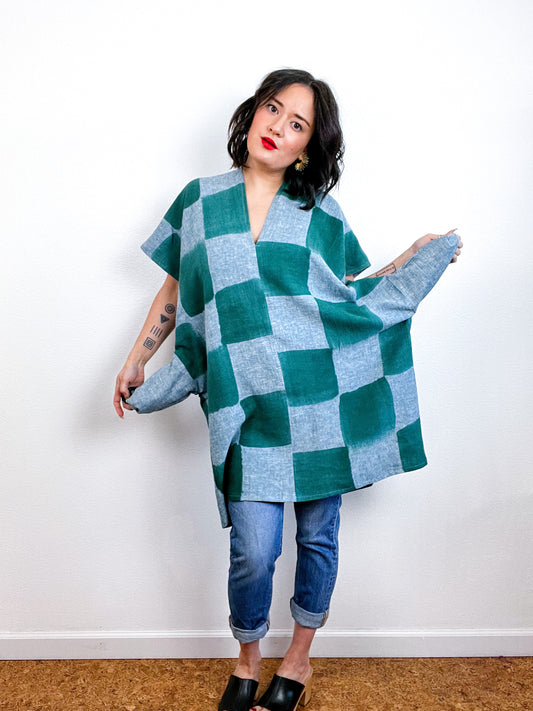 Hand-Dyed Mini Smock Dress Blue Green Checkerboard