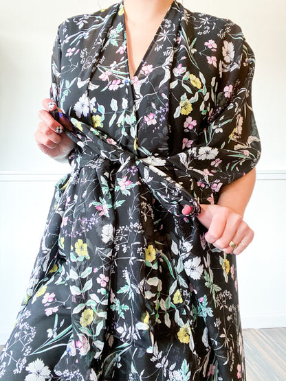 Print High Low Kimono Black Wildflower Chiffon