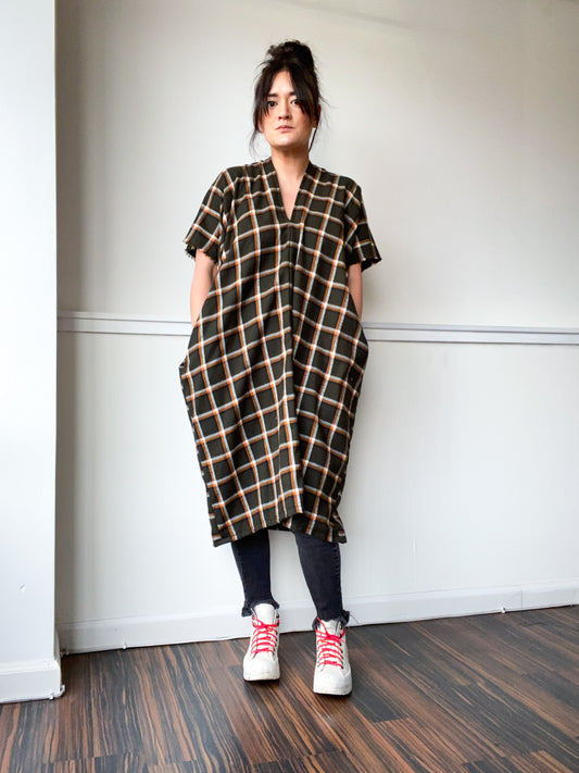 Plaid Midi Smock Dress Olive