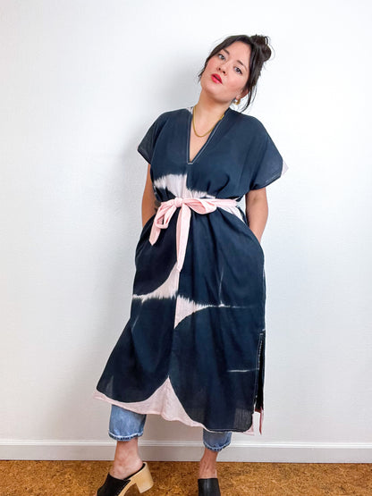 Single Gauze Midi Caftan Dress Blush Graphite Brushstrokes