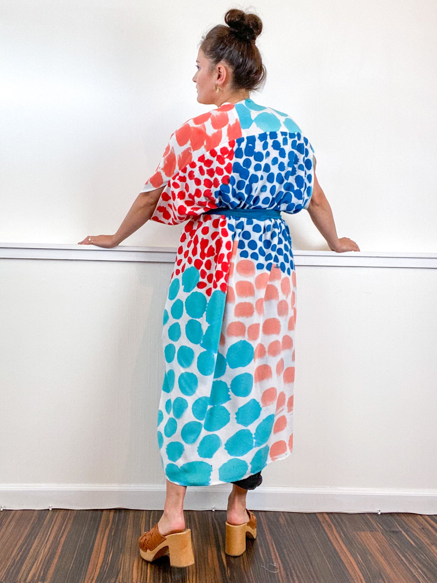 OOAK Hand-Dyed High Low Kimono Coral Parakeet Scarlet Kingfisher Dots