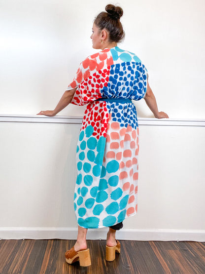 OOAK Hand-Dyed High Low Kimono Coral Parakeet Scarlet Kingfisher Dots