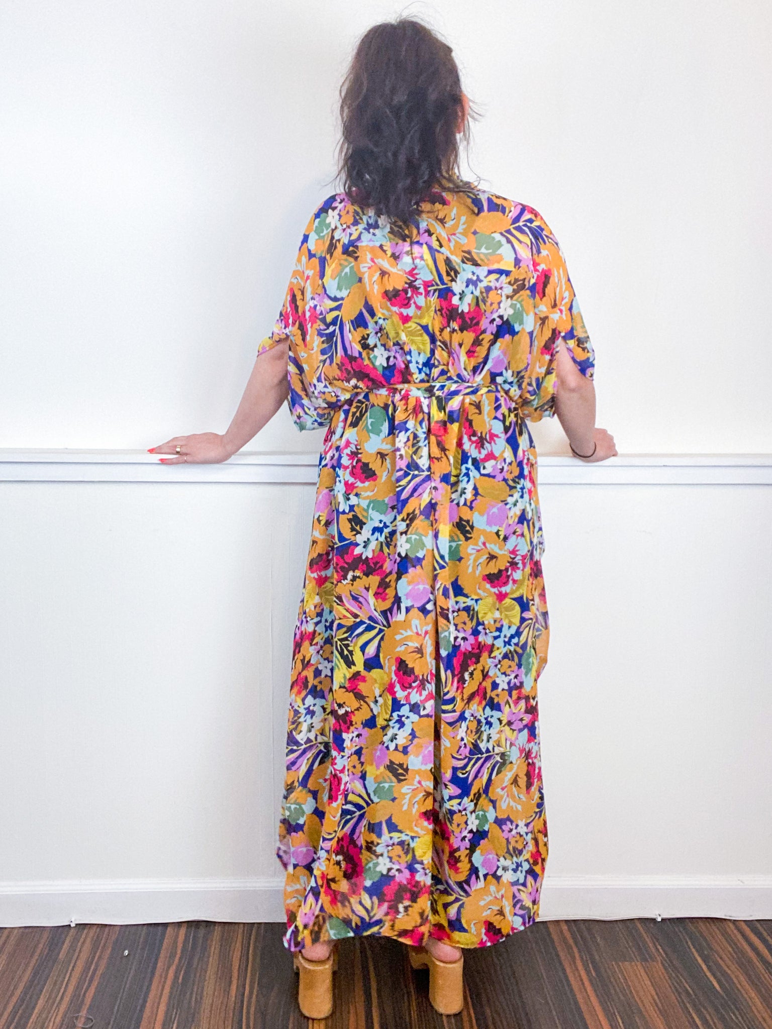 Print High Low Kimono Bountiful Floral Chiffon