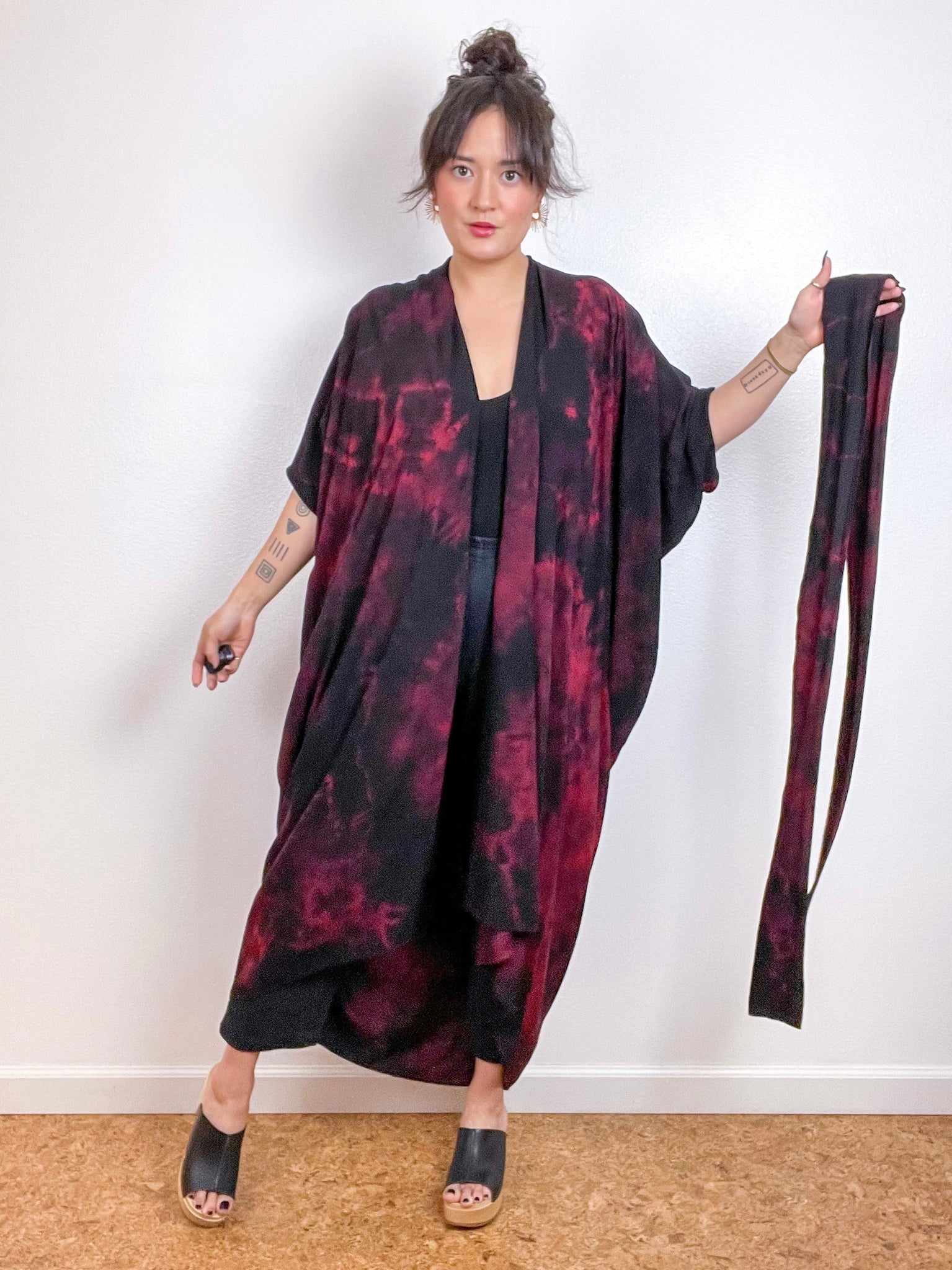 Hand-Dyed High Low Kimono Crimson Black Tie