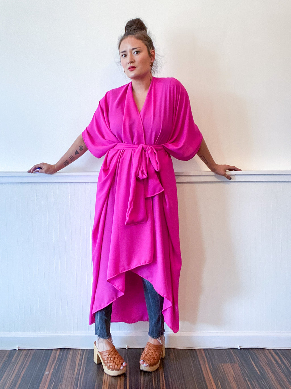 Solid High Low Kimono Hot Pink Georgette