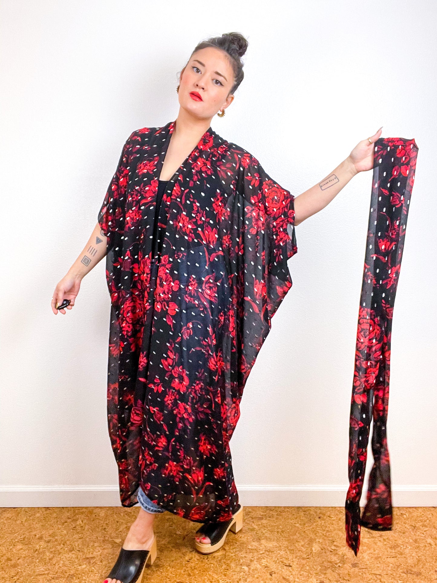 Print High Low Kimono Red Rose Silver Chiffon