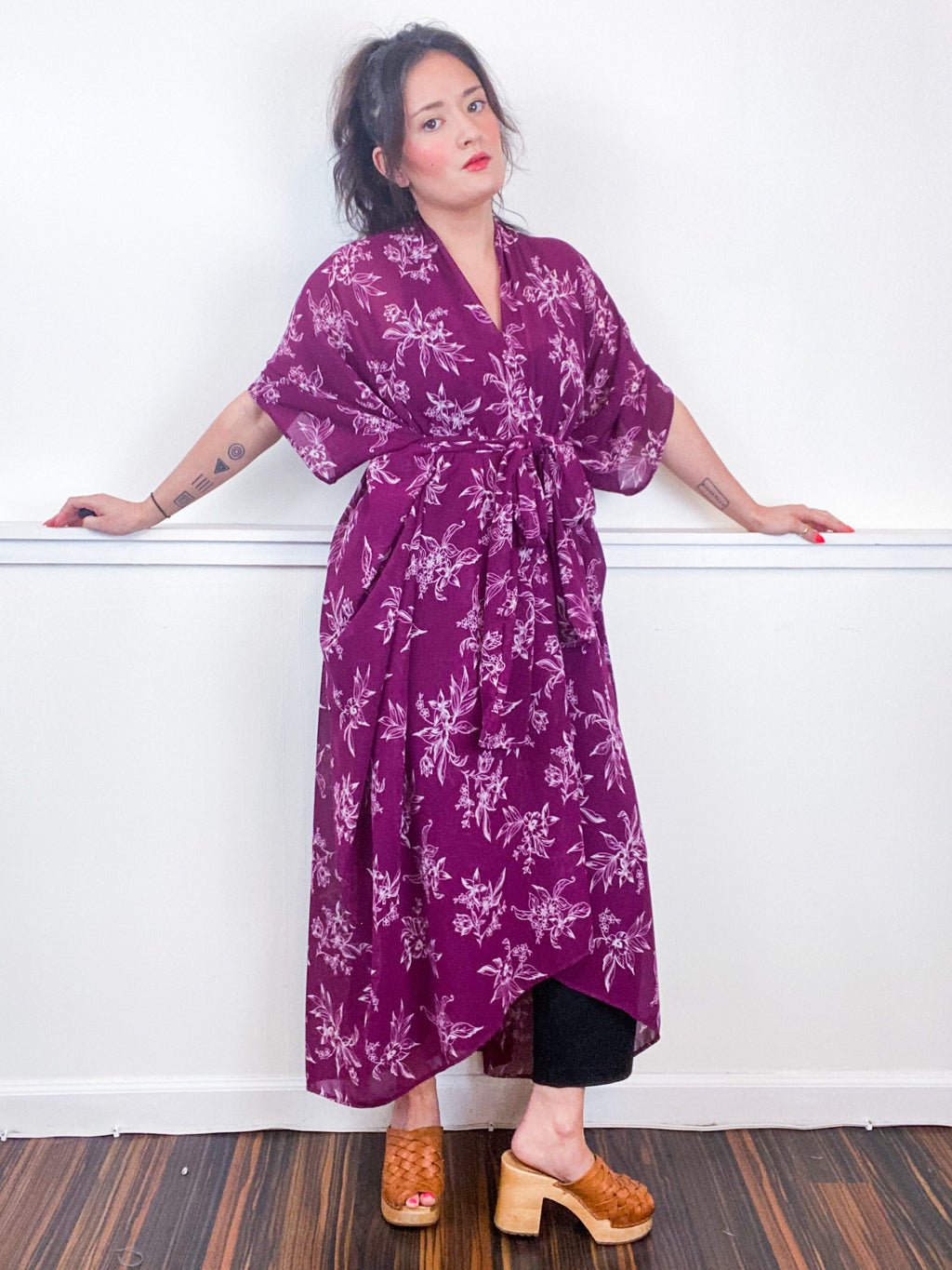 Print High Low Kimono Magenta Floral Georgette