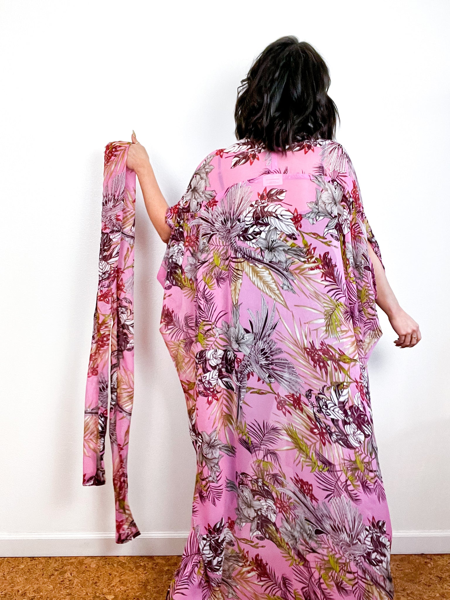 Print High Low Kimono Pink Tropical Floral Chiffon