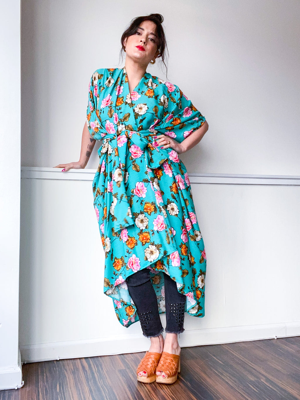 Print High Low Kimono Turquoise Floral