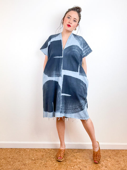 Denim Smock Dress Hand-Dyed Brushstrokes