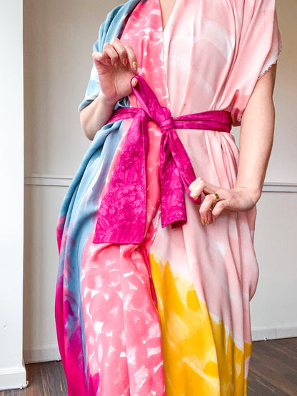 Limited Edition Hand-Dyed High Low Kimono Teal Pink Marigold