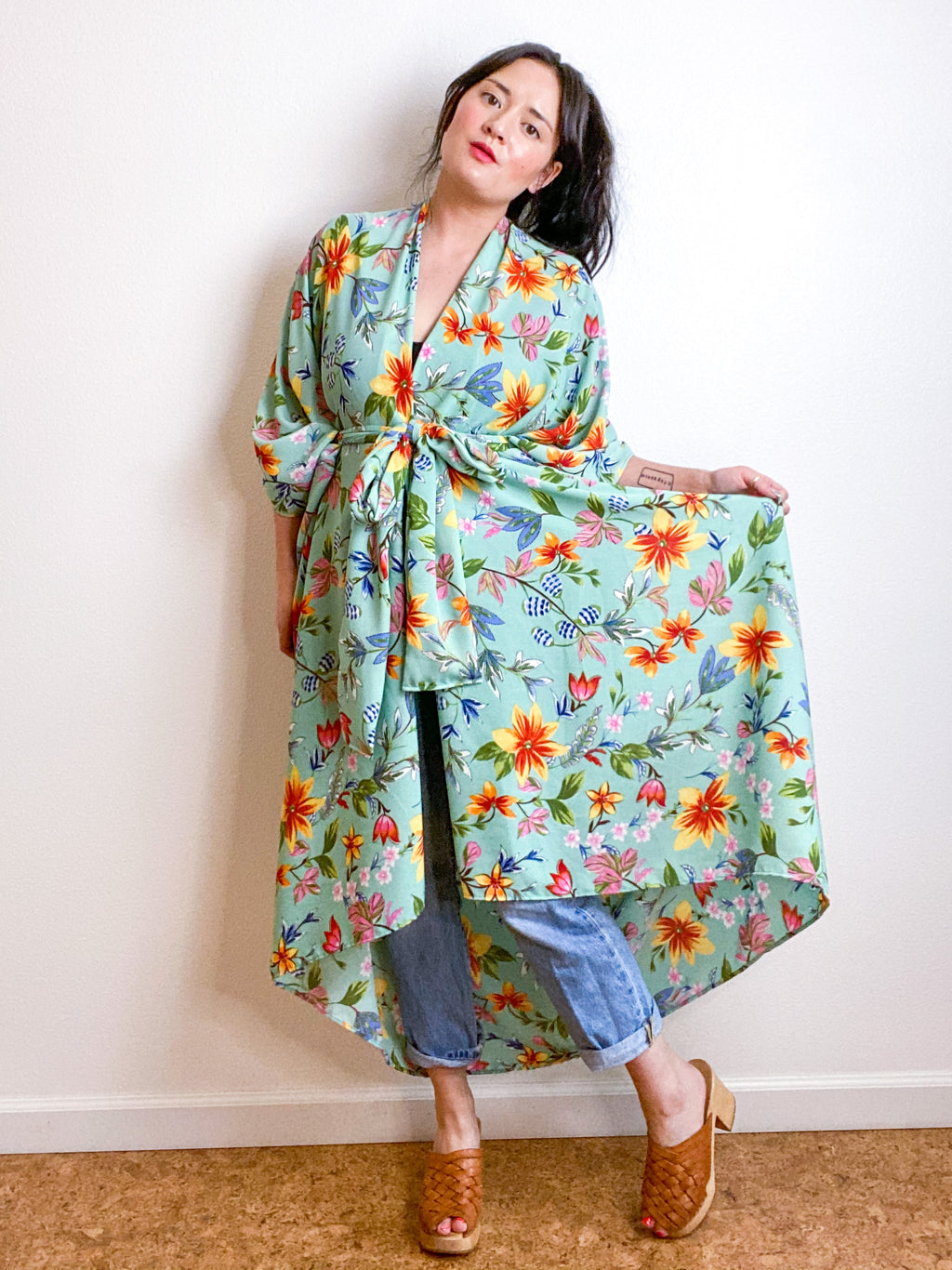 Print High Low Kimono Seafoam Floral Crepe