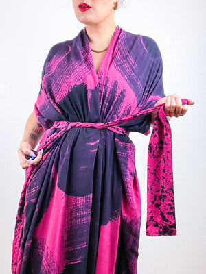 Hand-Dyed High Low Kimono Fuchsia Black Brushstroke