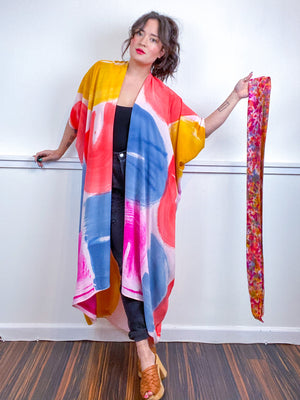 OOAK Hand-Dyed High Low Kimono Multicolor Brushstrokes