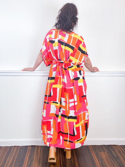 Print High Low Kimono Pink Orange Abstract Bubble Crepe