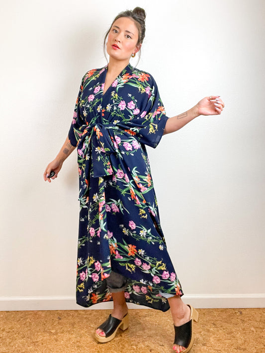 High Low Kimono Navy Wildflower Bubble Crepe