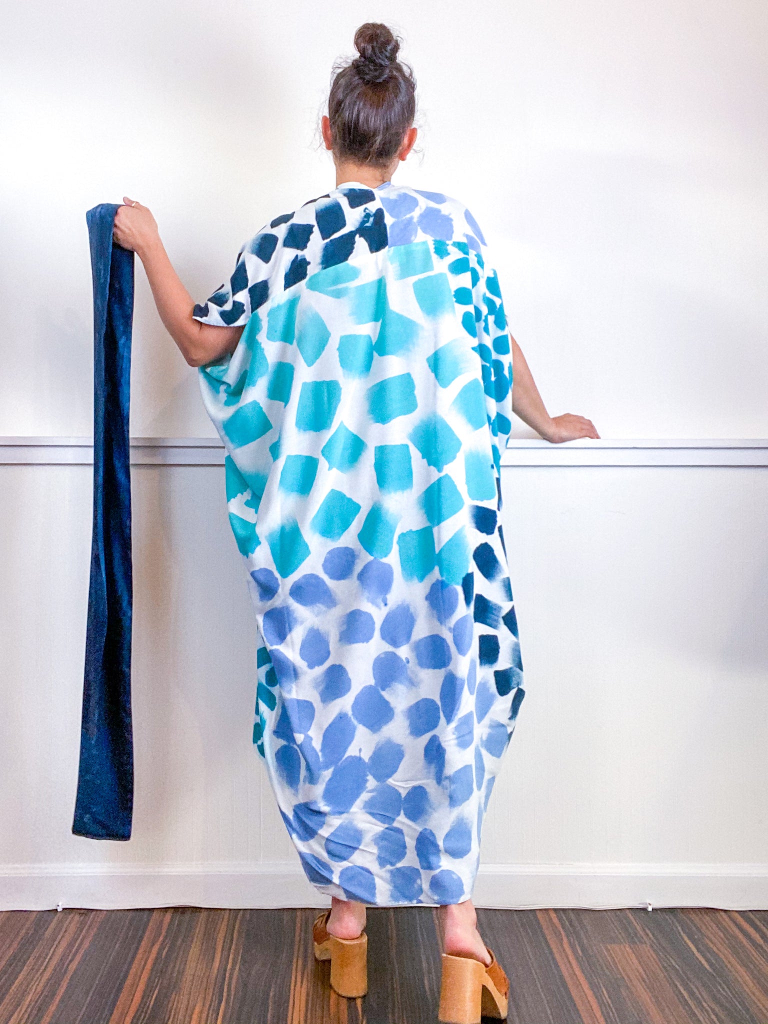 OOAK Hand-Dyed High Low Kimono Teal Parakeet Baby Blue Aqua Dots