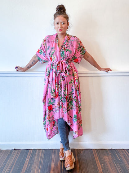 Print High Low Kimono Baby Coral Tropical Floral Rayon Challis