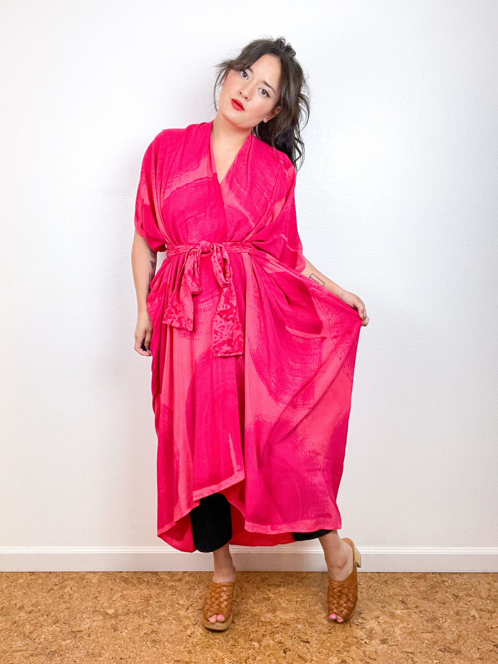 Hand-Dyed High Low Kimono Coral Fuchsia Brushstroke