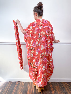 Print High Low Kimono Orange Floral Crepe