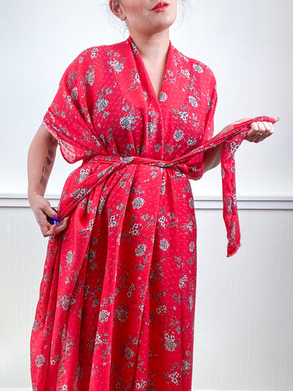 Print High Low Kimono Red Swiss Dot Chiffon