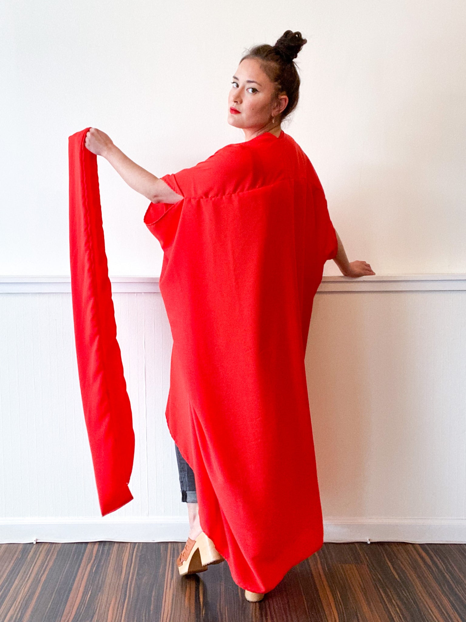 Print High Low Kimono Solid Scarlet Georgette